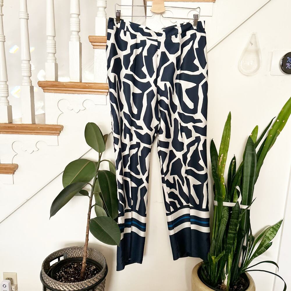 NWT Diana Gallesi Wide Leg Pants Black Abstract Print Striped Hem Size 12